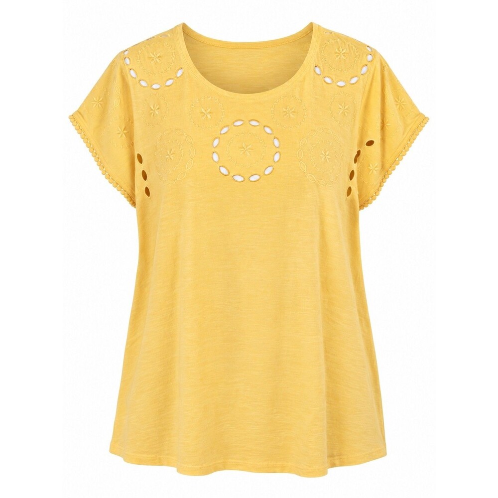 Market & Spruce Yellow Eyelet Embroidered Top Large Cottagecore Boho Modal Blend